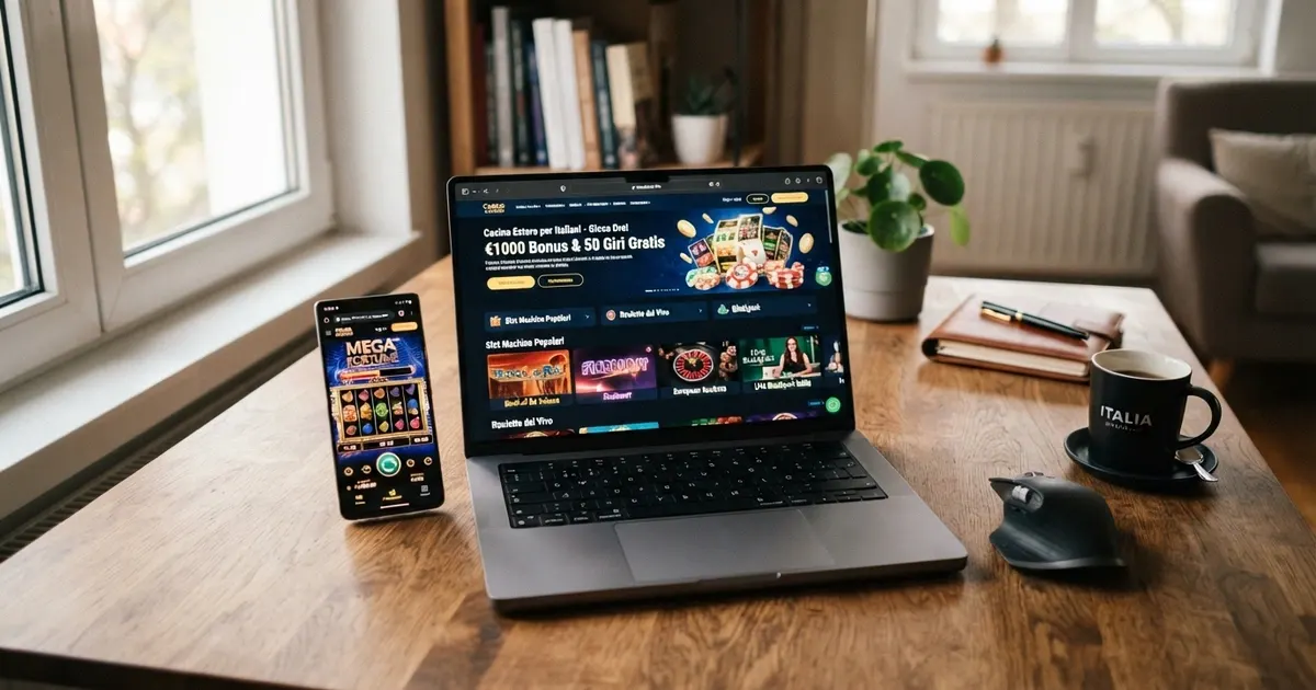 Interfaccia di un casinò online con licenza internazionale accessibile da dispositivi mobili e desktop, con giochi di slot, roulette e blackjack in evidenza sullo schermo