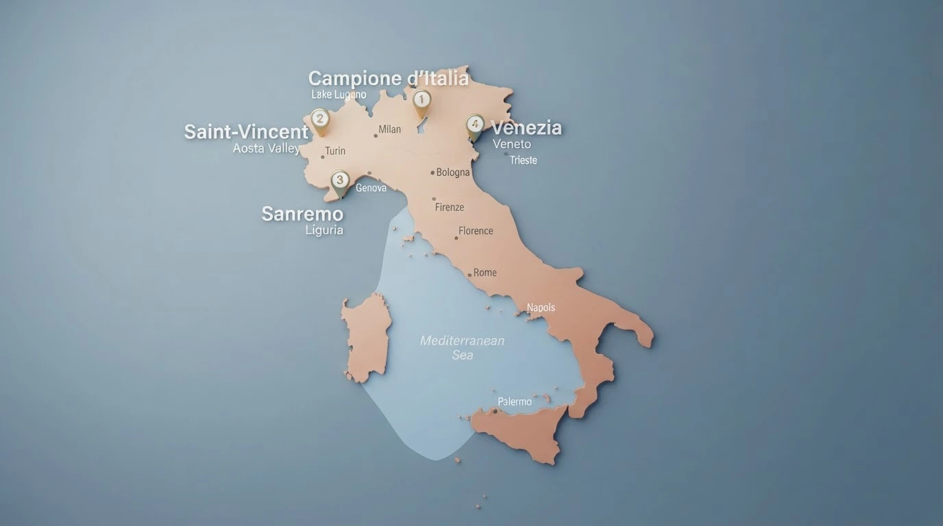 Mappa stilizzata dell'Italia con marcatori posizionati sulle quattro sedi dei casinò terrestri autorizzati e sulle principali città con sale da gioco e punti vendita