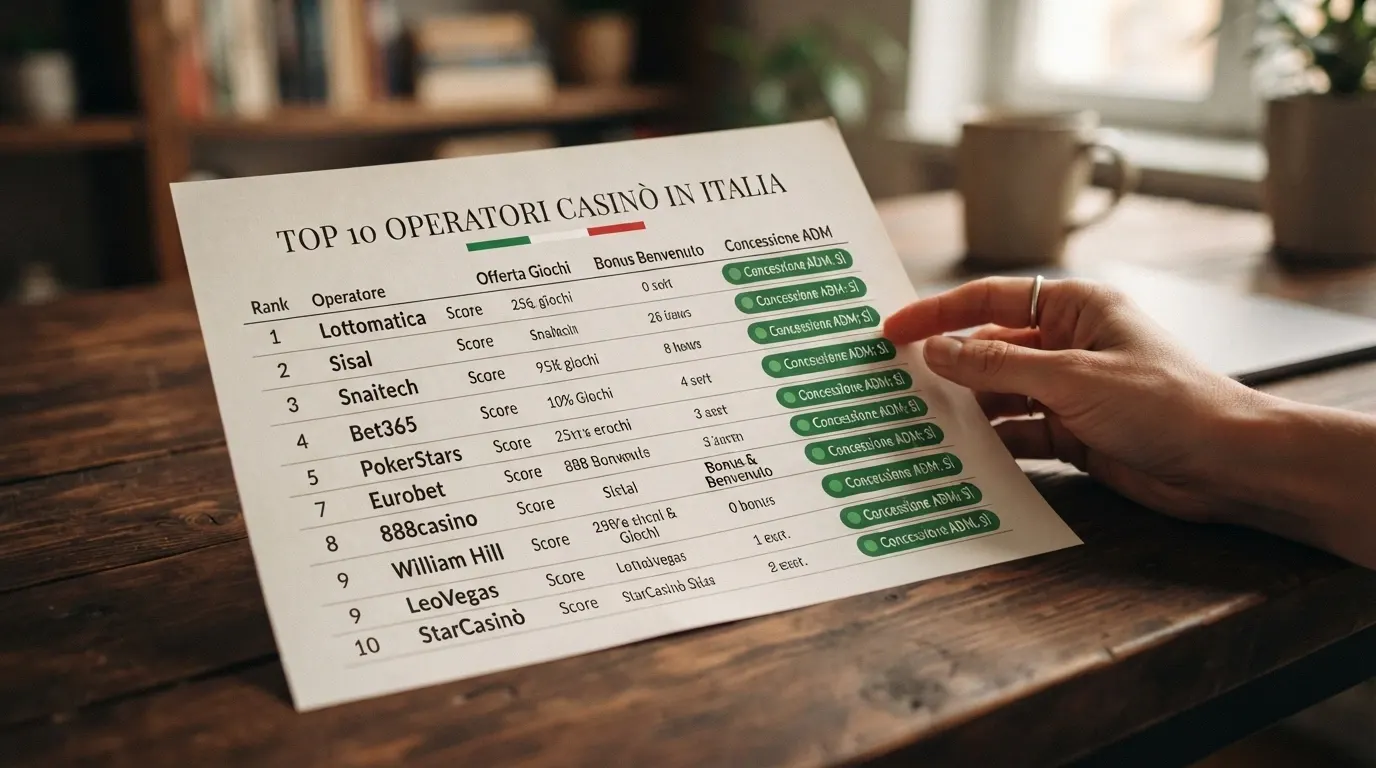 Una tabella comparativa stilizzata con loghi di casinò in colonna e accanto l'indicatore «Concessione ADM: SÌ» evidenziato in verde per ogni riga.