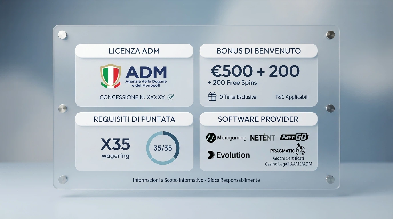 Una tabella comparativa stilizzata con le colonne licenza, bonus, wagering e provider, sovrapposta a una fila di loghi di casinò ADM in scala di grigi
