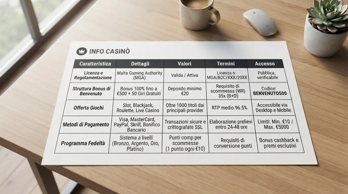 Tabella comparativa con i nomi dei dieci casinò stranieri recensiti, affiancati da licenza, bonus di benvenuto e deposito minimo