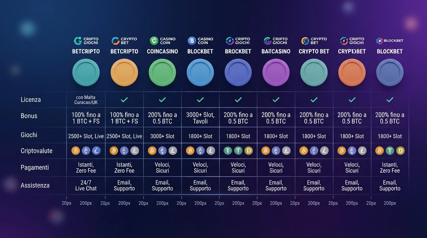 Una tabella comparativa stilizzata con le icone dei dieci casinò BCH recensiti, affiancate da indicatori di licenza, bonus e catalogo giochi