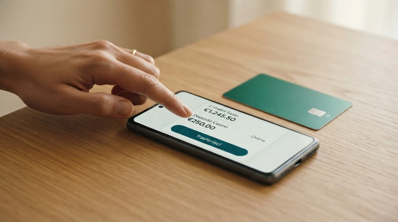 Uno schema visivo in tre passaggi: carta AmEx → icona e-wallet (PayPal/Skrill) → logo del casinò, con frecce che mostrano il flusso del denaro