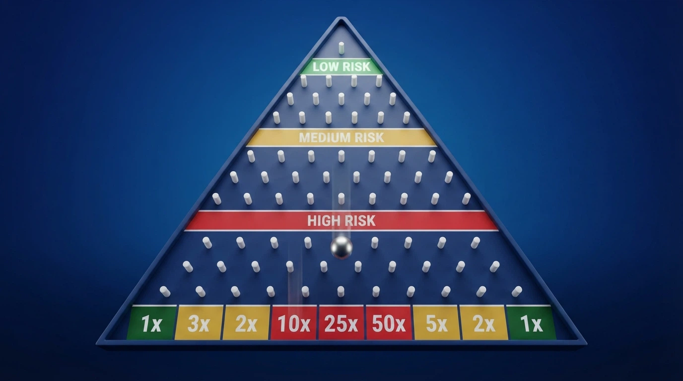 Schema della piramide di Plinko con i pioli, i livelli di rischio (verde, giallo, rosso) e i moltiplicatori in basso, con una pallina a metà caduta