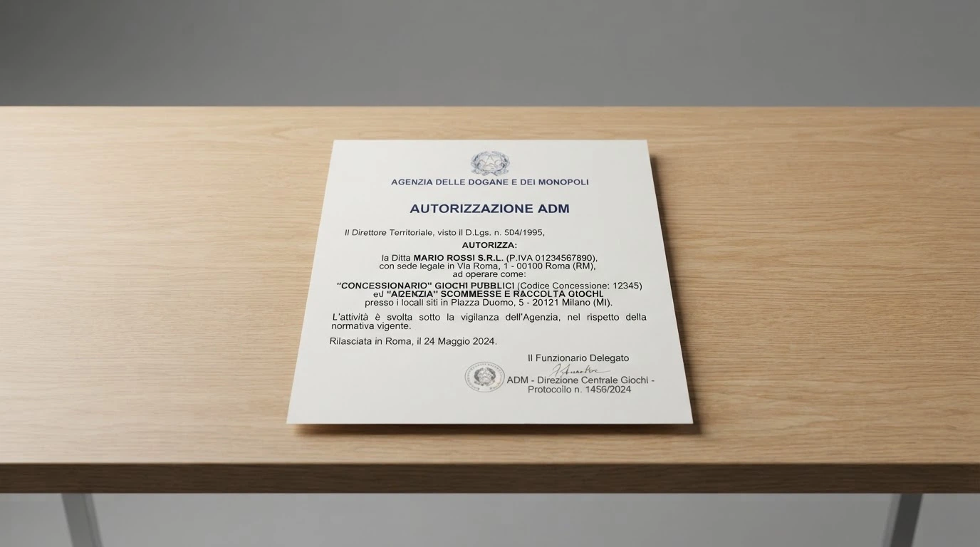Il logo ufficiale dell'Agenzia delle Dogane e dei Monopoli accanto alla dicitura «Concessionario Autorizzato», su sfondo istituzionale con elementi grafici che richiamano il gioco regolamentato.