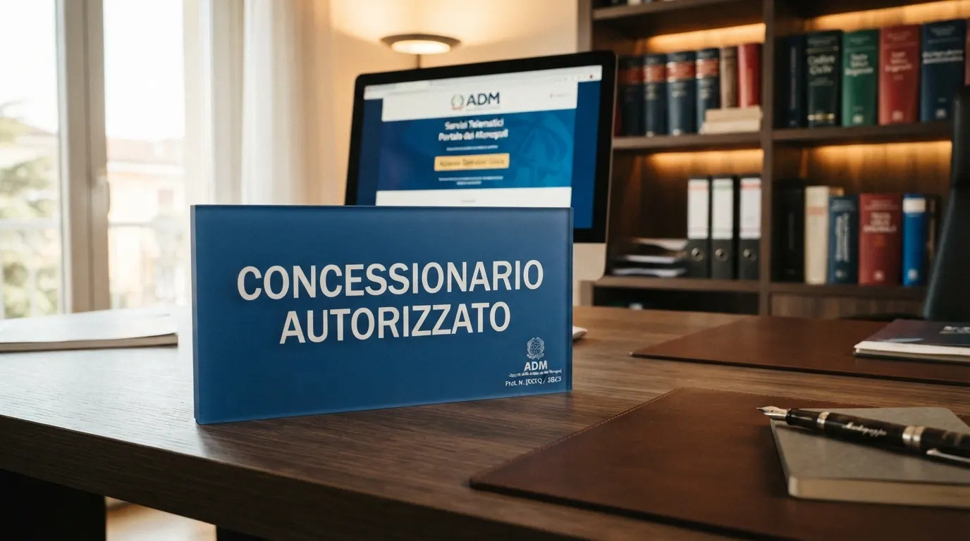 Logo ufficiale dell'Agenzia delle Dogane e dei Monopoli accanto alla dicitura «Concessionario autorizzato» su sfondo blu istituzionale.
