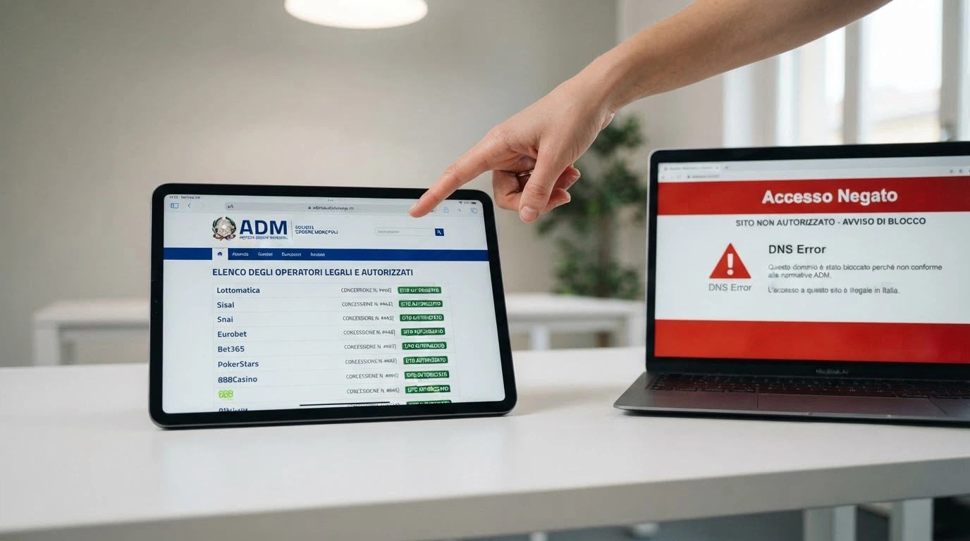 Un'illustrazione comparativa del sistema ADM: operatori con concessione italiana a sinistra, domini bloccati con icona DNS a destra