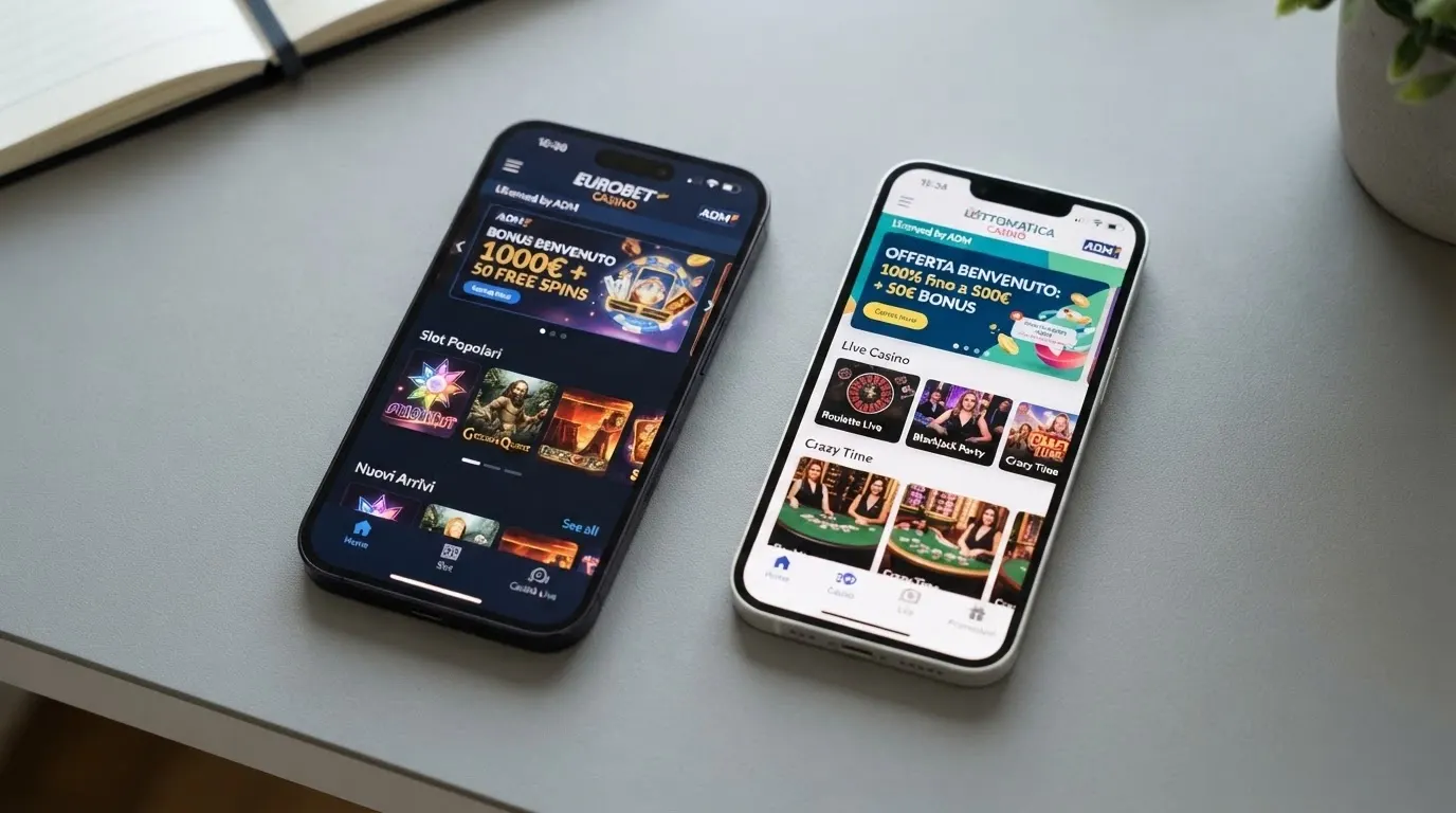 Due smartphone affiancati con le schermate di benvenuto di due diverse app casino italiane a confronto