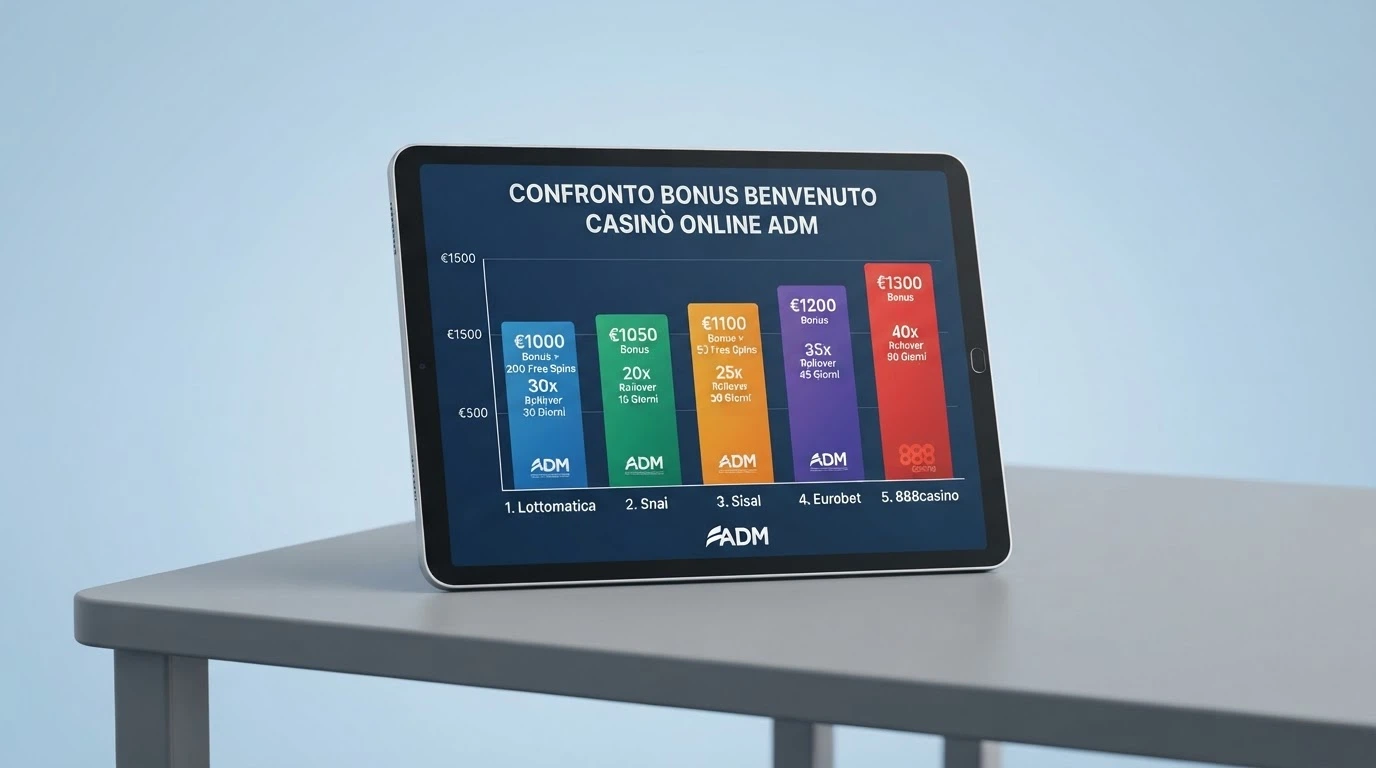 Tabella comparativa con i bonus di benvenuto di diversi casinò online con licenza ADM, affiancati per percentuale, importo massimo e requisiti di puntata