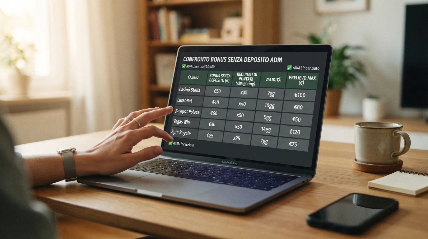 Schermata di confronto tra diversi bonus senza deposito offerti dai casinò con concessione ADM, con importi in euro e condizioni di wagering