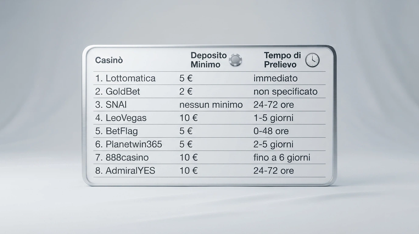 Una tabella comparativa stilizzata con le icone dei casinò ADM recensiti, affiancata dai simboli del bonifico SEPA e del bollino ADM