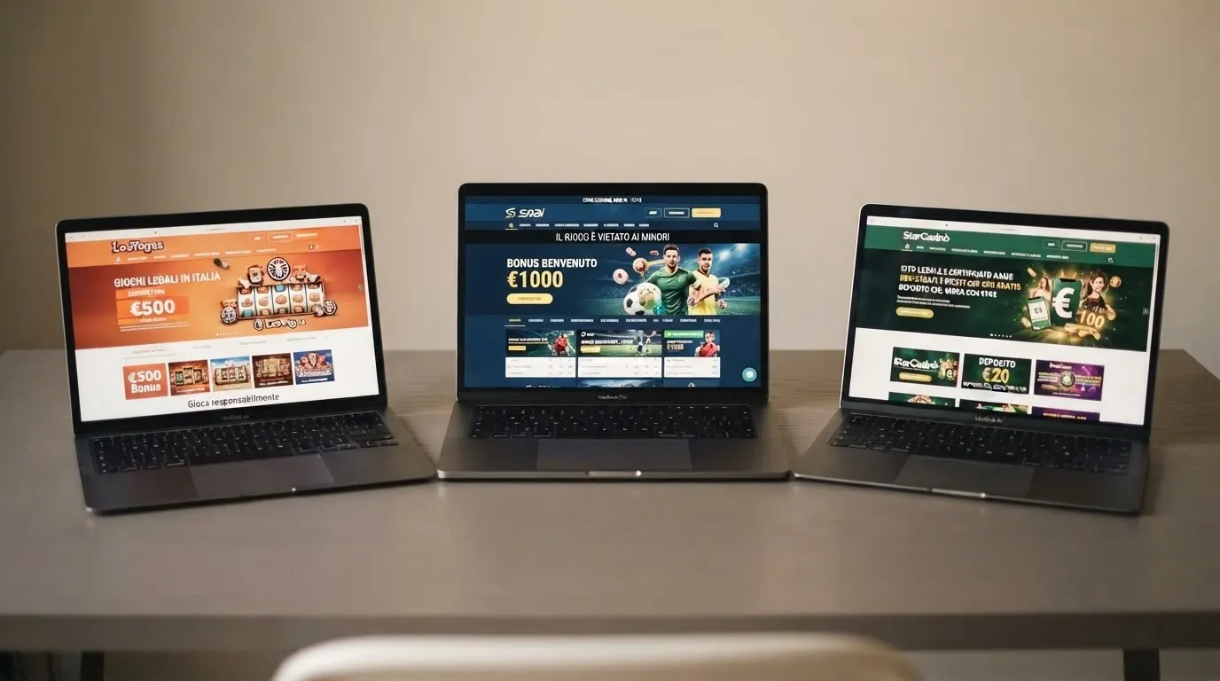 Una schermata comparativa con le card di tre casinò online affiancate, ciascuna con il proprio bonus benvenuto, il requisito di puntata e il logo del concessionario in alto