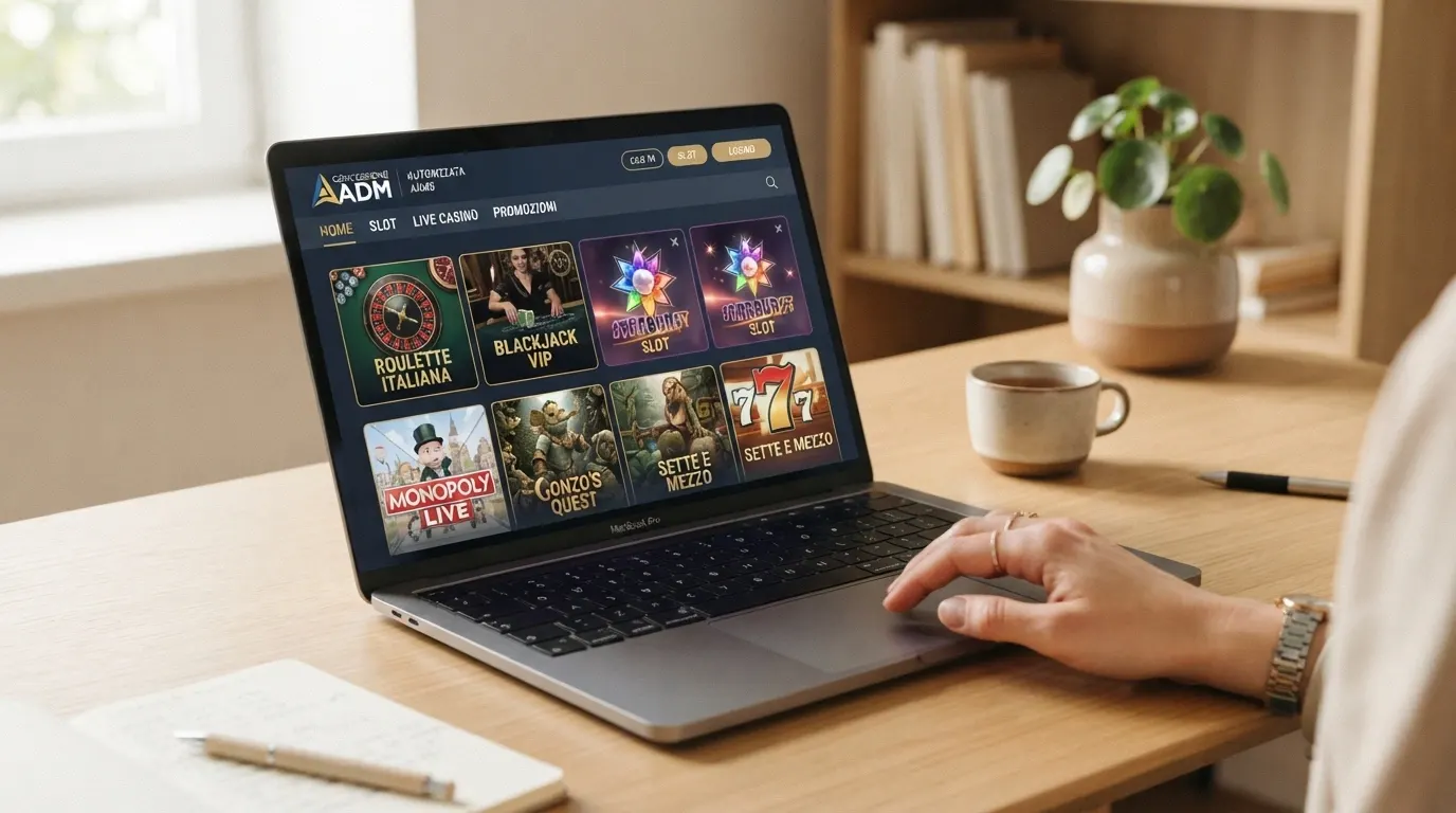 Una vista d'insieme dell'interfaccia di un casinò online ADM con licenza italiana, con il logo ADM in evidenza e una selezione di giochi da casinò sullo sfondo