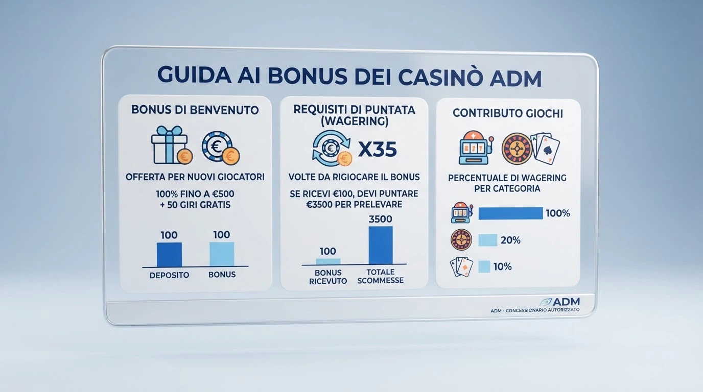 Una tabella comparativa stilizzata con le icone dei 10 concessionari ADM recensiti, affiancate dai simboli delle condizioni chiave: percentuale del bonus, moltiplicatore del giro vincite e icone dei provider di giochi