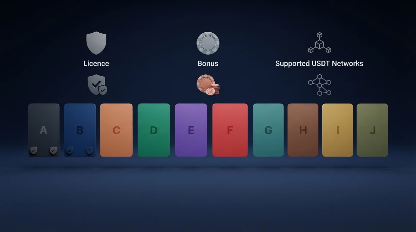 Una tabella comparativa stilizzata con loghi di casinò crypto e icone di licenze, bonus e reti blockchain