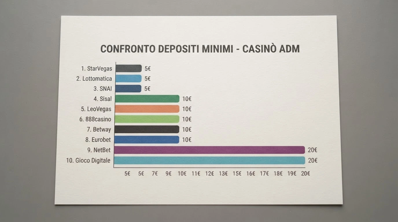 Una schermata comparativa con i loghi e le soglie di deposito minimo dei principali casinò con licenza ADM, ordinati dalla soglia più bassa alla più alta