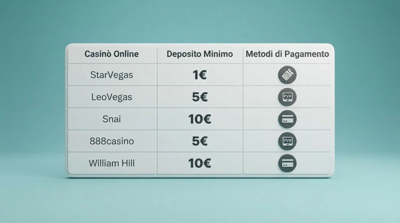 Un primo piano di una tabella comparativa con nomi di casinò, cifre di deposito minimo e icone dei metodi di pagamento