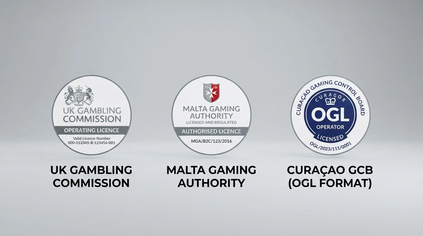 Schema che mette a confronto i sigilli ufficiali di MGA, Curaçao Gaming Authority e Anjouan Gambling Board con il rispettivo numero di registrazione e un esempio di come verificarli online