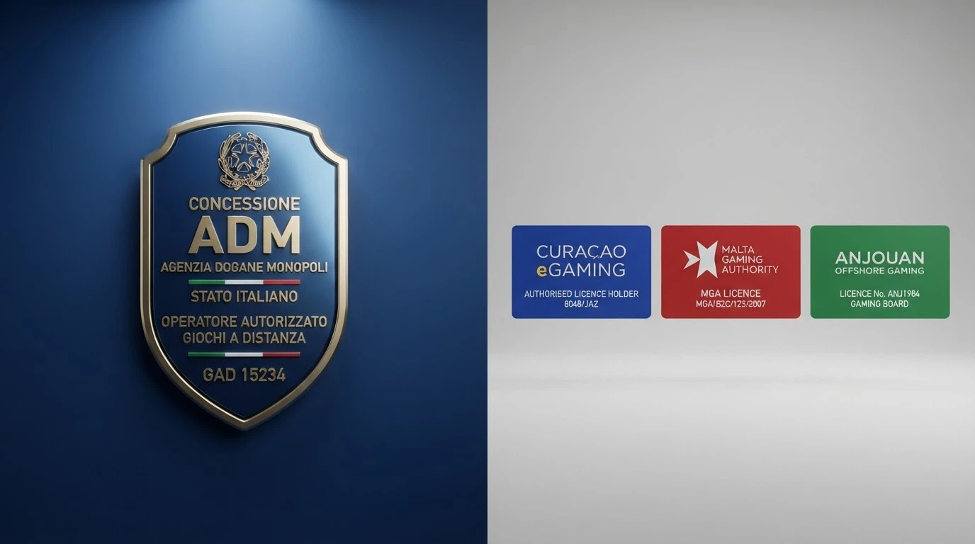 Schermata divisa a metà: a sinistra il badge ufficiale della concessione ADM, a destra i loghi delle licenze offshore Curaçao eGaming, MGA e Anjouan
