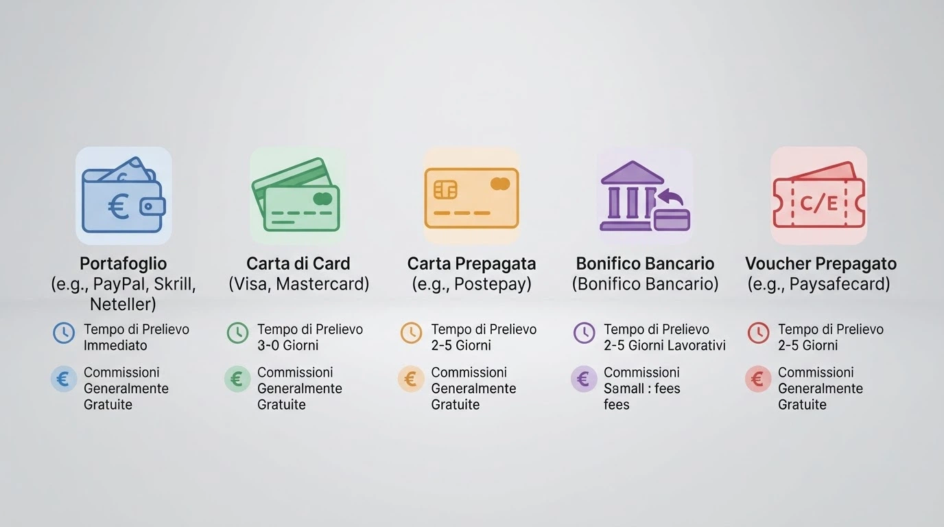 Una vista schematica con le icone dei principali metodi di pagamento — PayPal, Visa, Postepay, bonifico, Paysafecard — ciascuna affiancata da un orologio che indica il tempo di prelievo e un simbolo dell'euro per le commissioni