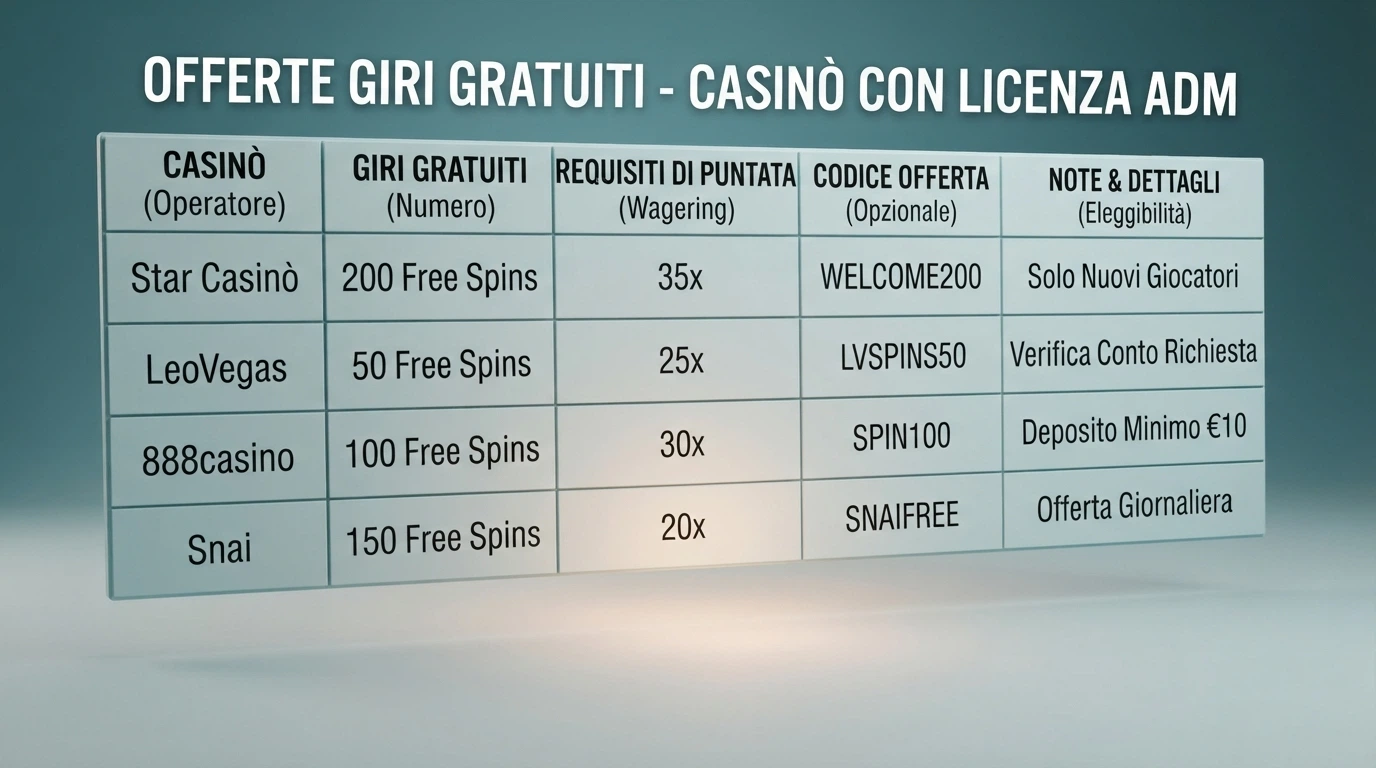 Una tabella comparativa stilizzata su sfondo neutro con nomi di casinò, numeri di giri gratuiti e moltiplicatori di wagering affiancati, senza loghi riconoscibili