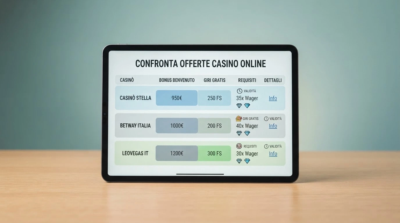 Tabella comparativa stilizzata con nomi di casinò e icone che rappresentano giri gratis, percentuali e orologi per wagering e validità
