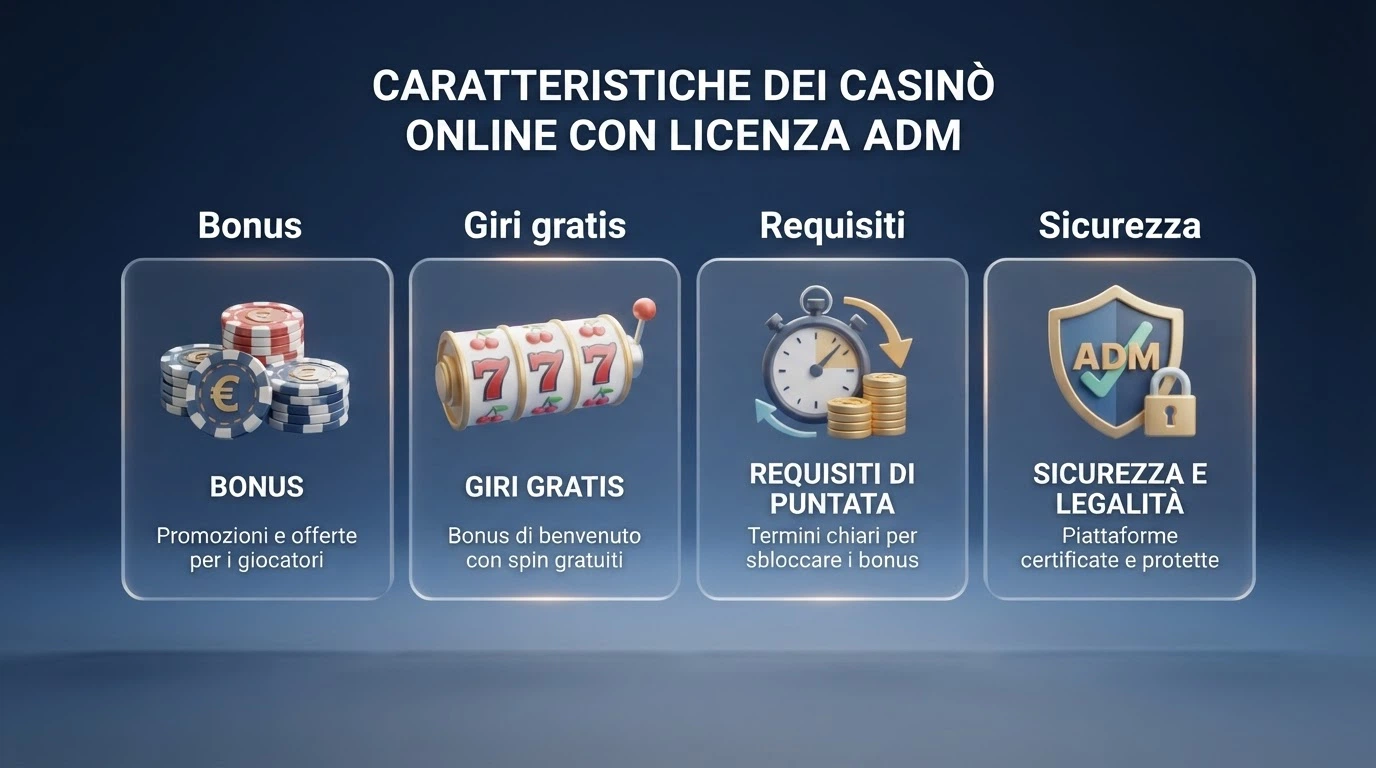 Una tabella comparativa con i loghi e i dati principali dei 10 casinò ADM recensiti: bonus, free spin, wagering e codice concessione