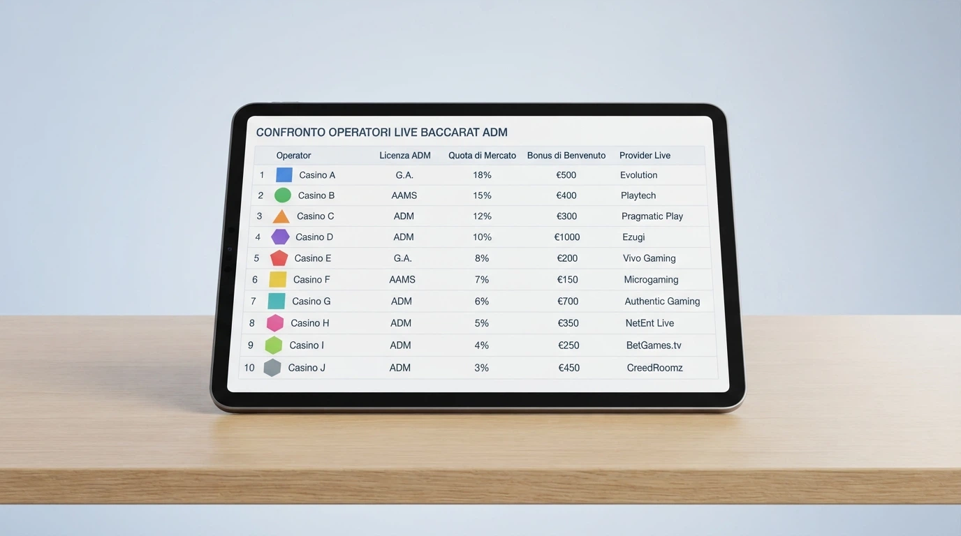 Una schermata comparativa che mostra i loghi dei casinò ADM recensiti, disposti in ordine di valutazione, con i principali dati in evidenza: licenza, bonus e provider live