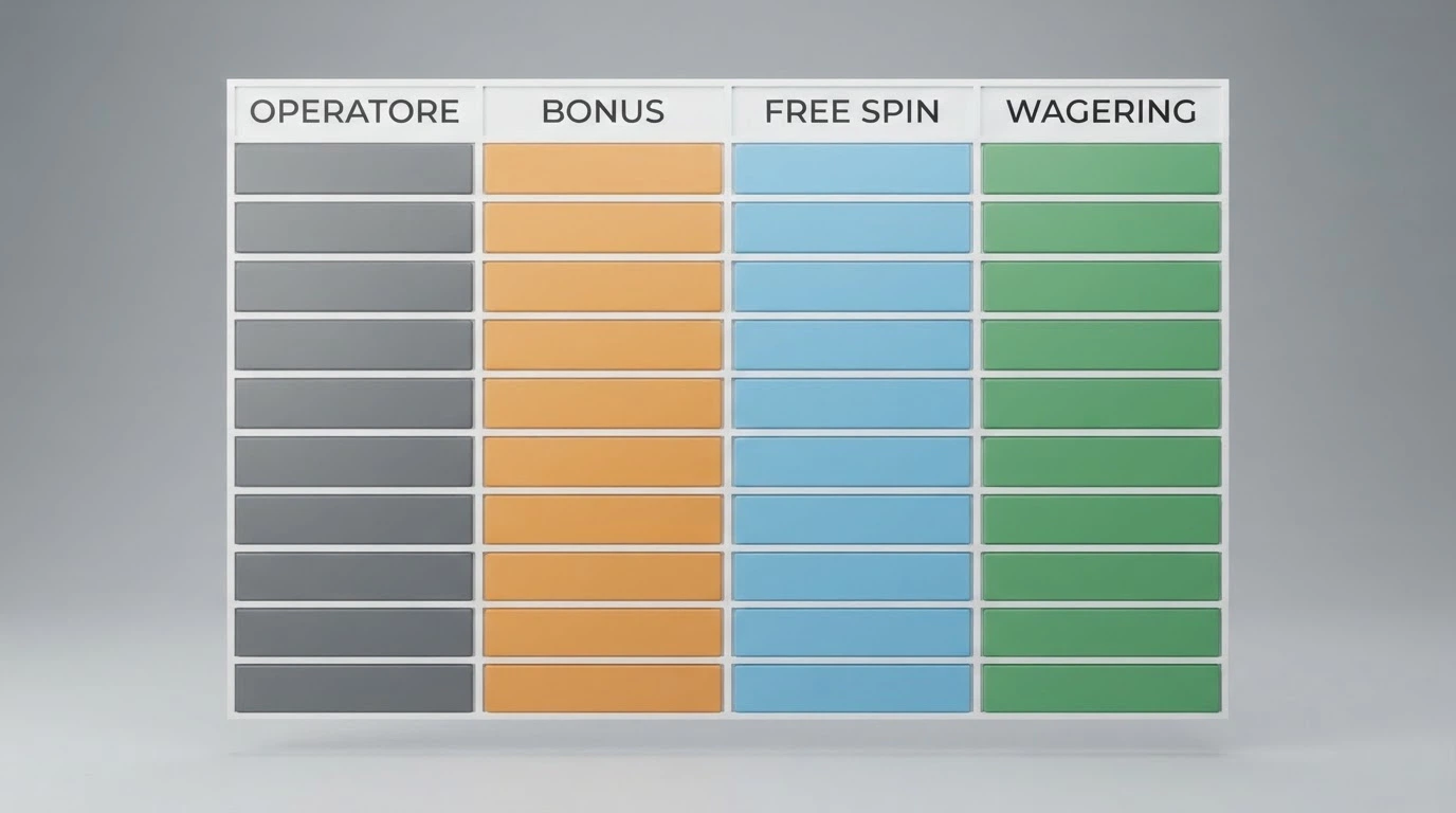 Una tabella comparativa stilizzata con 10 righe e le colonne Operatore, Bonus, Free Spin e Wagering, affiancata dalle icone dei metodi di pagamento con PostePay in evidenza