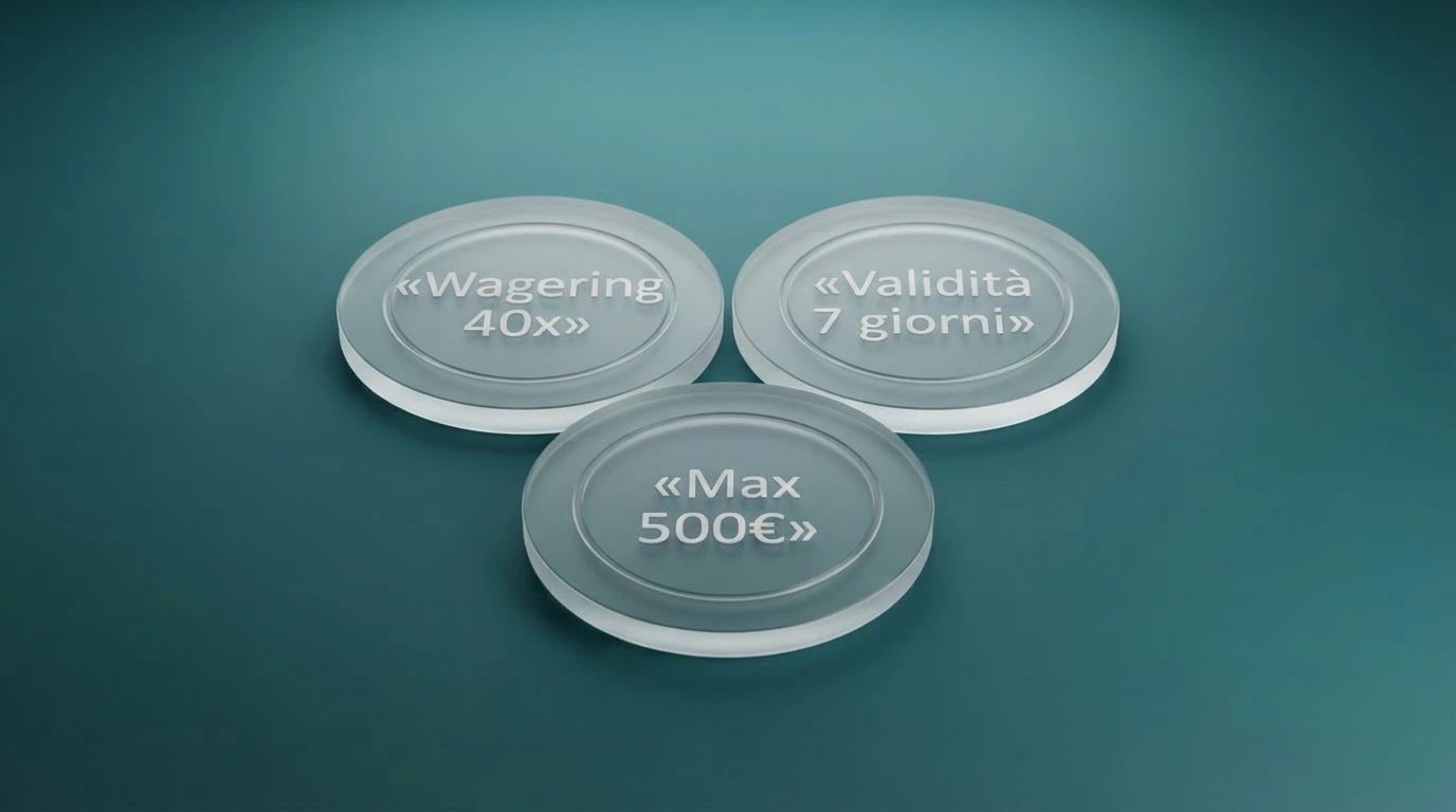 Un confronto visivo tra tre condizioni chiave: il moltiplicatore di wagering, la finestra di validità in giorni e il massimo prelevabile in euro