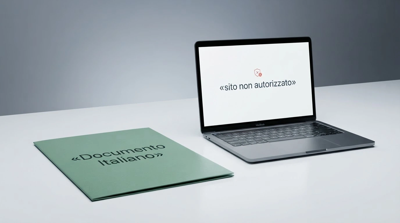 Un documento d'identità italiano accanto allo schermo di un computer che mostra il logo ADM e la dicitura «sito non autorizzato»