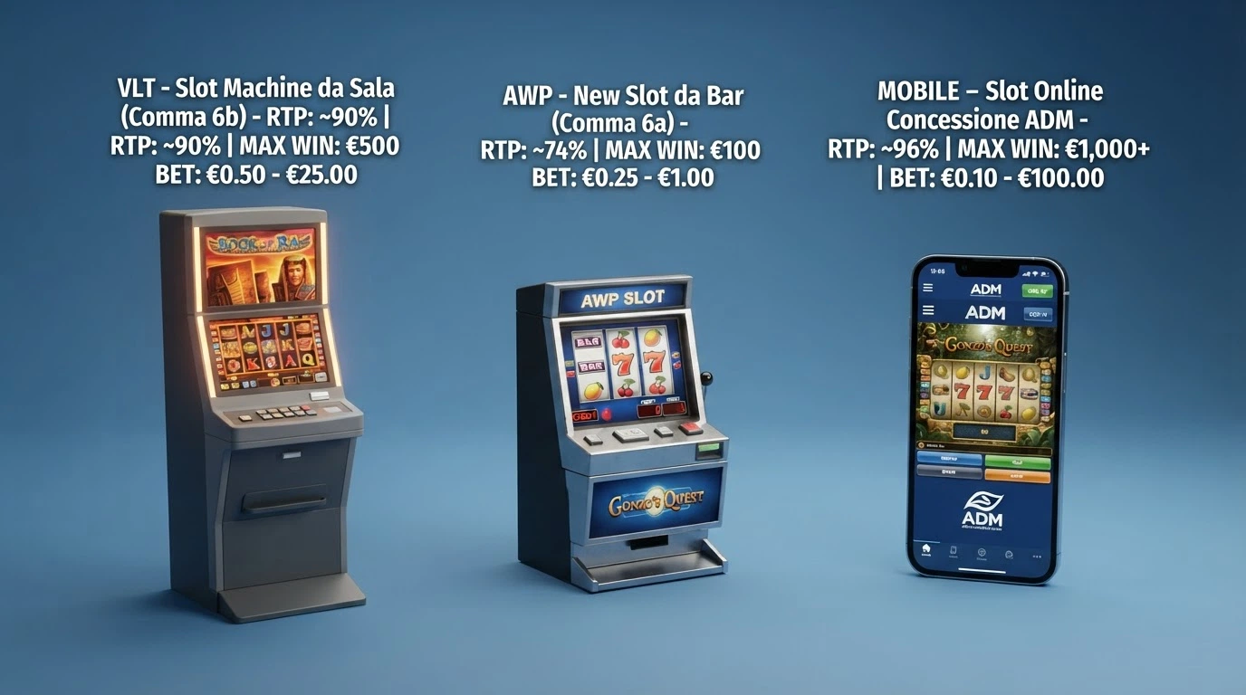 Schema che affianca tre macchine da gioco — una VLT da sala, una AWP da bar e uno smartphone con una slot online — con i rispettivi RTP e vincite massime in evidenza.