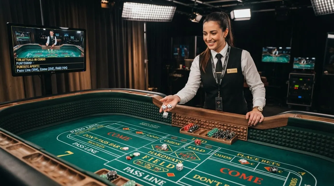 Croupier in piedi dietro un tavolo da craps professionale con monitor che mostrano l'interfaccia di puntata digitale, inquadratura dello studio Evolution Gaming