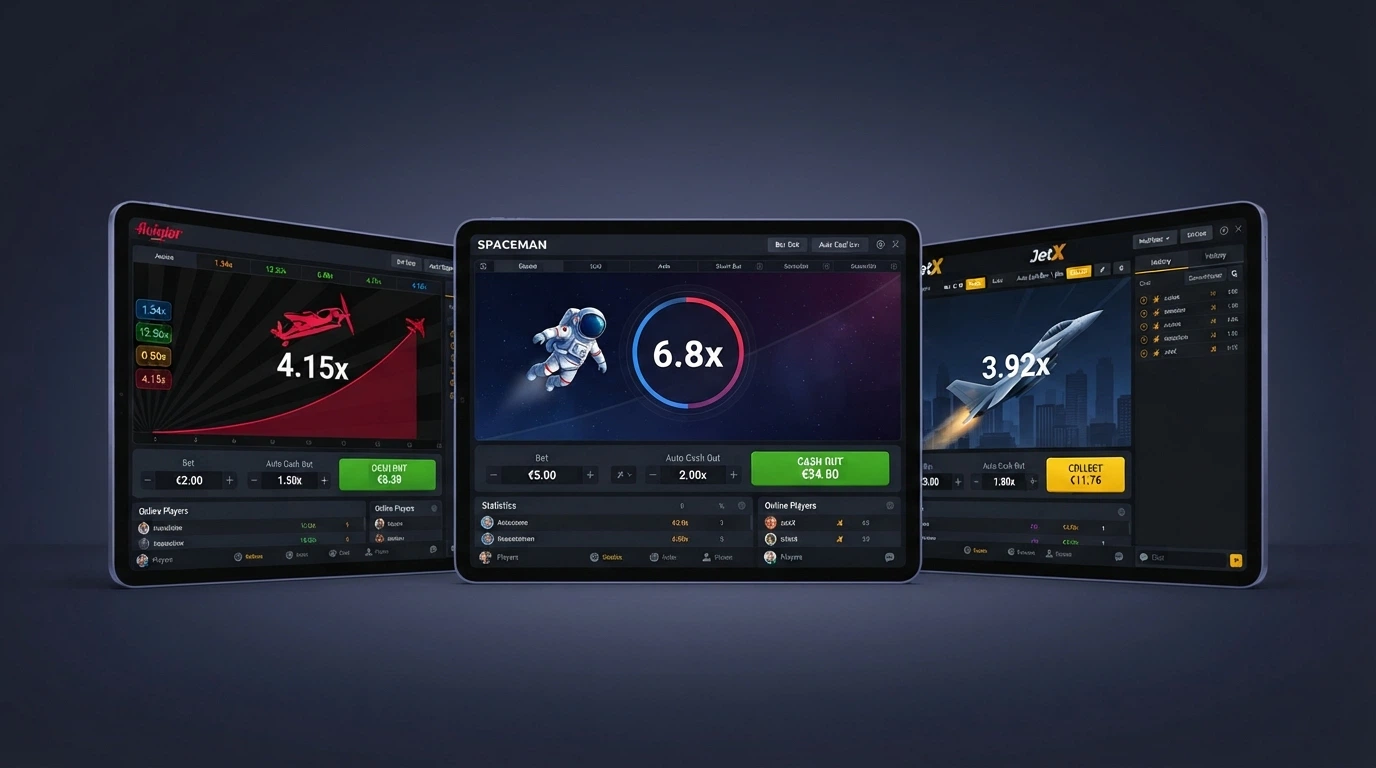 Schermata comparativa con le interfacce di Aviator, Spaceman e JetX affiancate