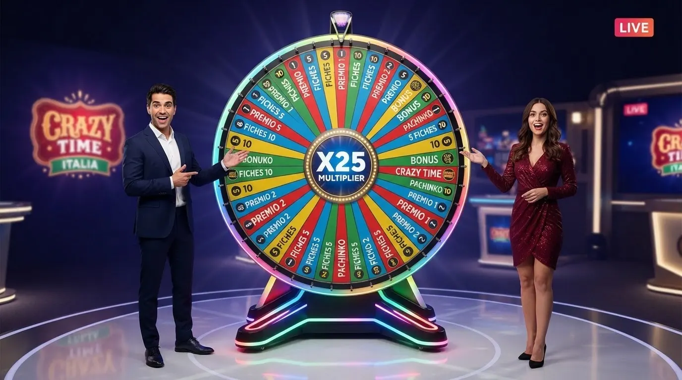 La ruota di Crazy Time con i segmenti colorati e i conduttori in studio, sovraimpressione del moltiplicatore attivo durante un round bonus