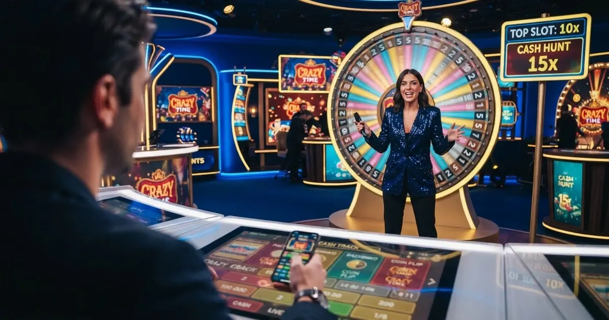 La ruota di Crazy Time con il presentatore in studio, i segmenti colorati numerati e la Top Slot che mostra i moltiplicatori in tempo reale