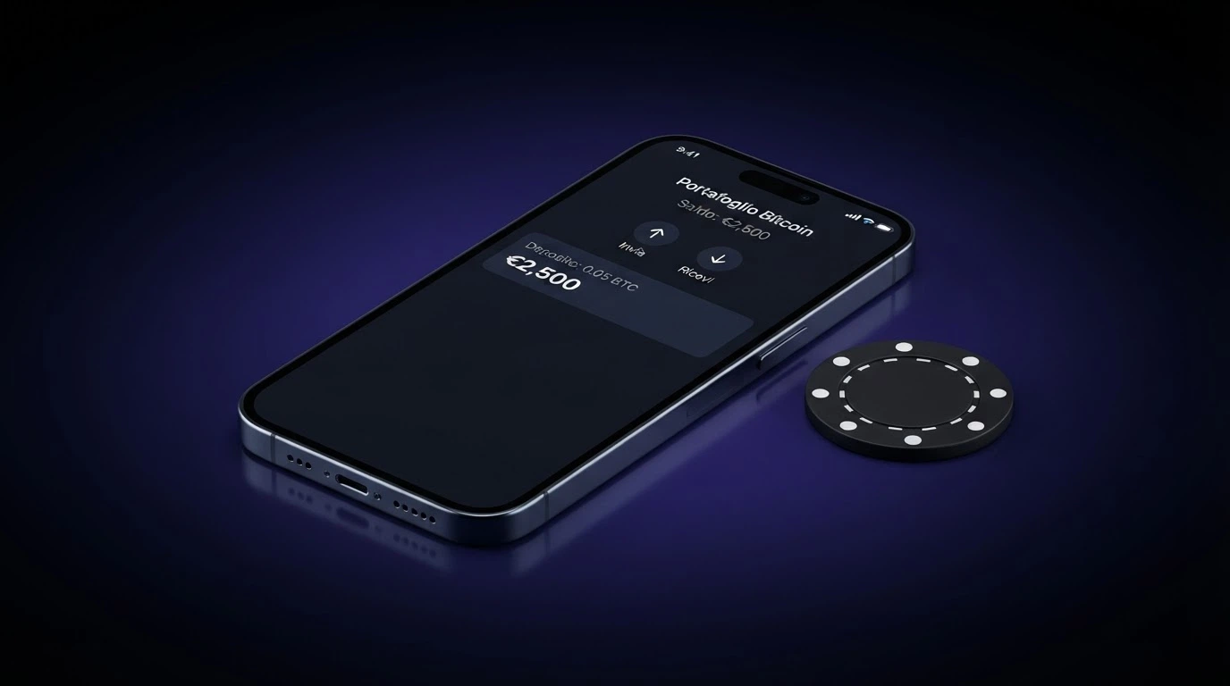 Wallet digitale con Bitcoin, Ethereum e USDT accanto a un'interfaccia di casinò online