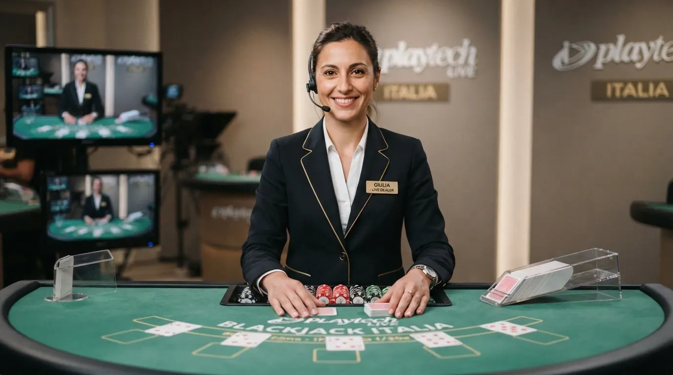Un croupier italiano sorridente dietro un tavolo da blackjack in uno studio Playtech Live, con schermi di gioco multi-camera visibili