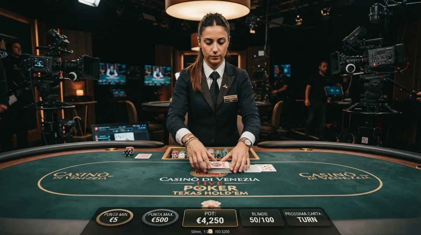 Un croupier in uniforme dietro un tavolo da poker professionale, carte vere sul tavolo verde, monitor che mostrano l'interfaccia di gioco del giocatore