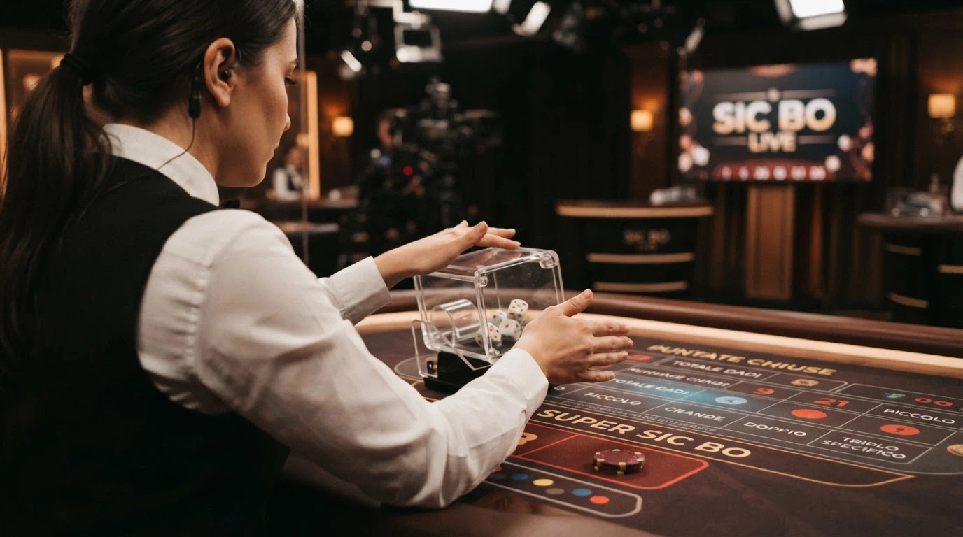 Un croupier dal vivo davanti a un tavolo da Sic Bo in uno studio Evolution, con i tre dadi in una campana trasparente e l'interfaccia di puntata sovrapposta in sovrimpressione
