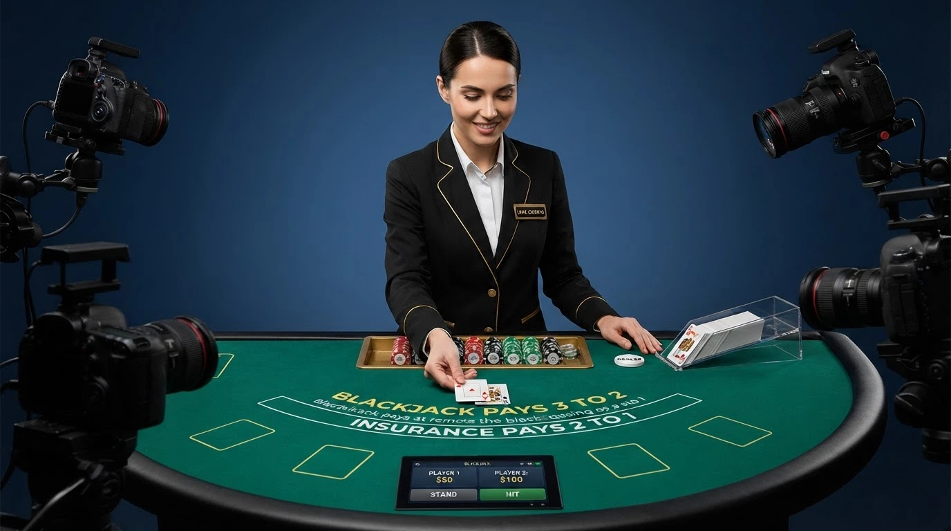 Primo piano di un croupier in divisa che gestisce un tavolo da blackjack in uno studio di casinò live professionale, con telecamere, monitor e illuminazione da studio televisivo