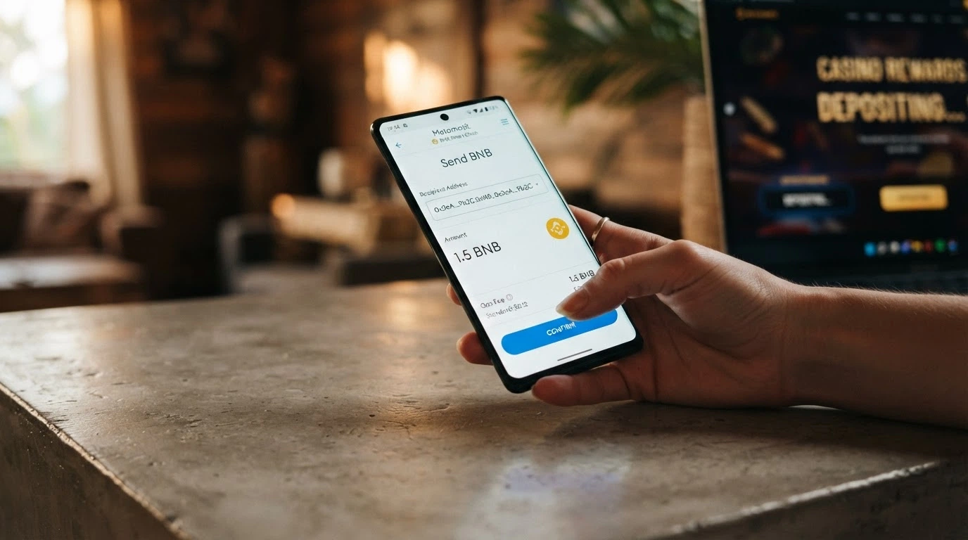 Schermata di un wallet crypto con una transazione BNB in uscita verso l'indirizzo di deposito di un casinò online.