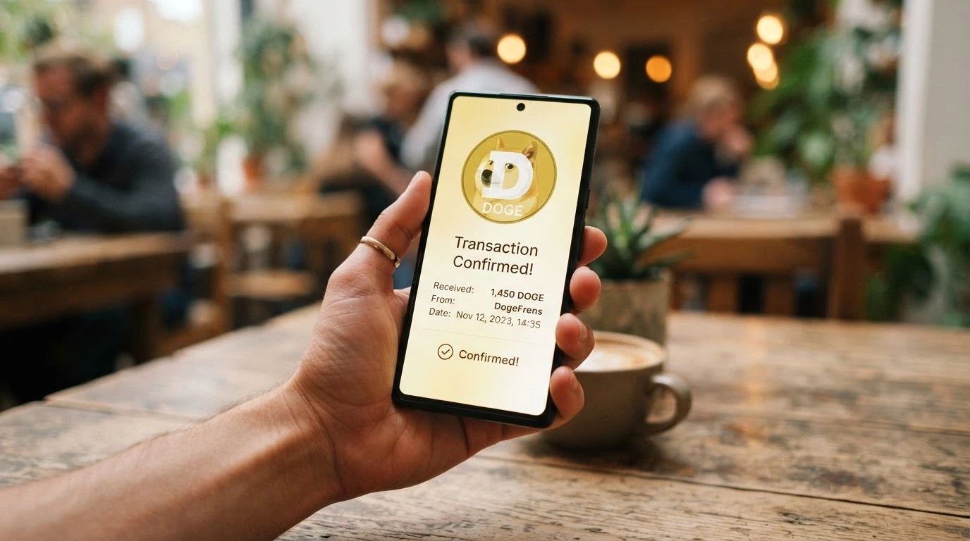 L'interfaccia di un wallet Dogecoin con una transazione in uscita verso l'indirizzo di un casinò online e il tempo di conferma stimato