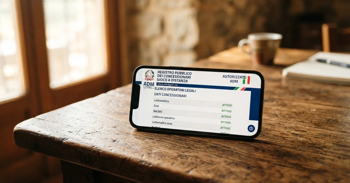 Un giocatore consulta un elenco di casinò online su uno smartphone, con l'interfaccia del registro pubblico ADM visibile sullo schermo