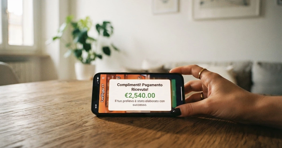 Un giocatore sorridente guarda lo schermo dello smartphone con la notifica di accredito del prelievo, sullo sfondo l'interfaccia di un casinò online in italiano
