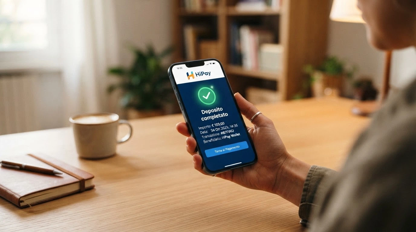 La schermata di conferma di un deposito completato con HiPay sulla cassa di un casinò online