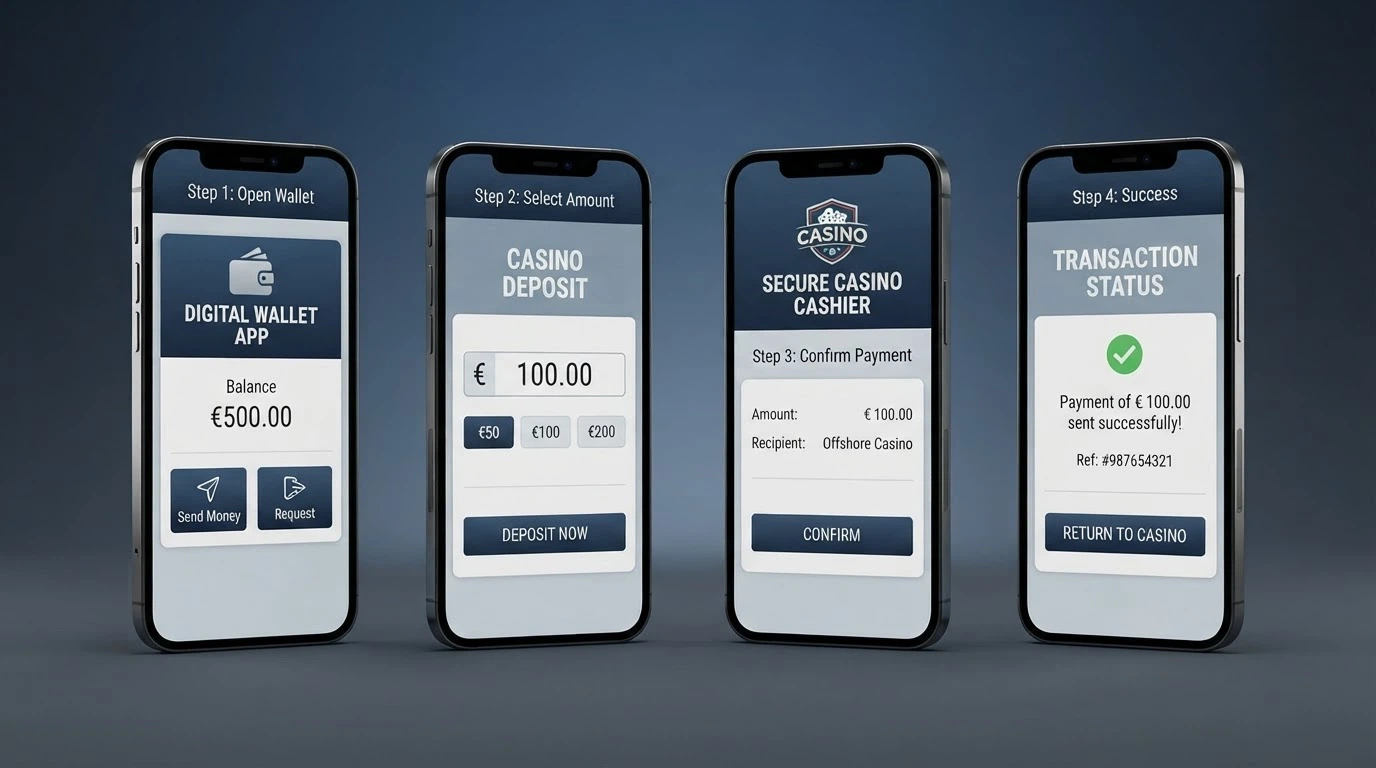 Schema visivo dei quattro passaggi per depositare con Revolut: app, cassa, importo, conferma