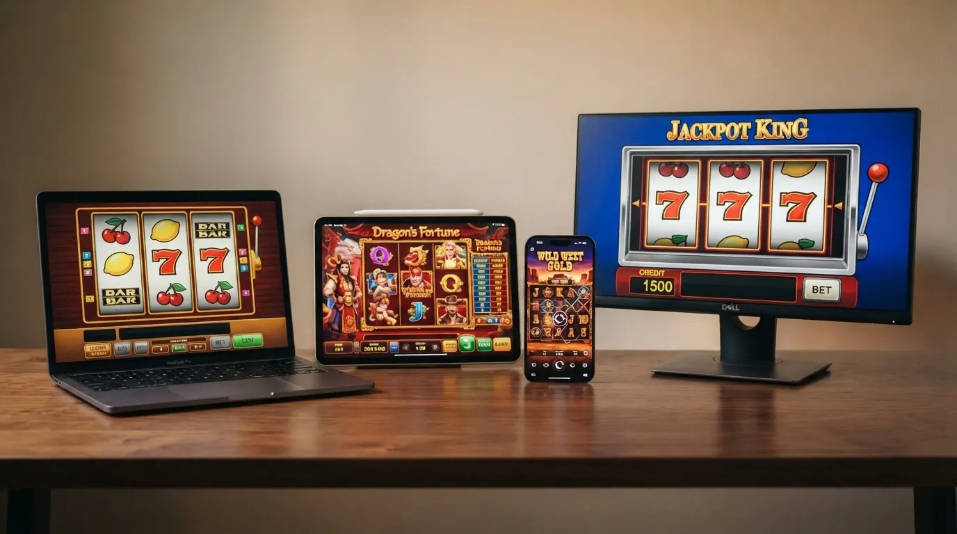 Quattro riquadri affiancati che mostrano altrettante slot machine in formati diversi: una slot da bar con simboli frutta, una slot 3D con personaggi animati, una video slot a 5 rulli con funzioni bonus e un'interfaccia di slot classica a 3 rulli