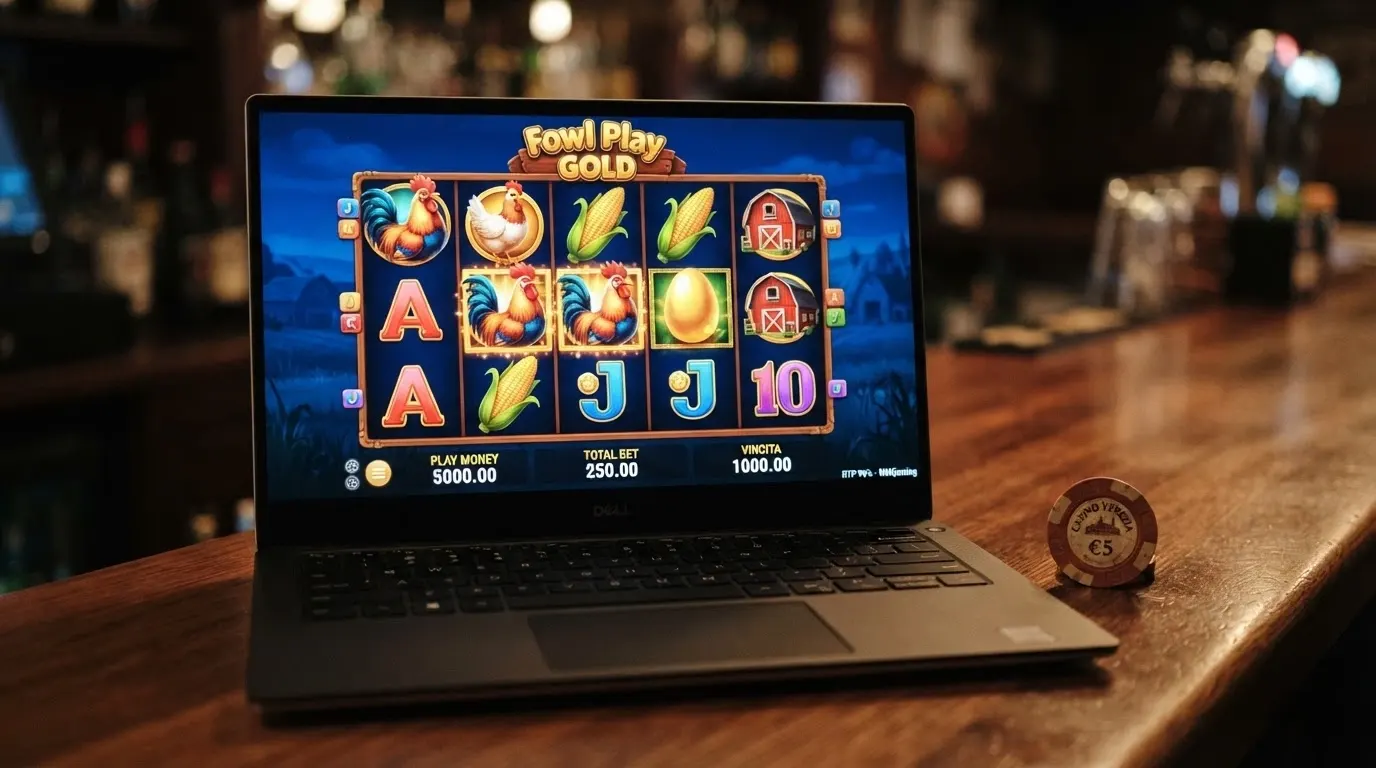La schermata della slot Fowl Play Gold, la slot gallina più iconica d'Italia, con i suoi simboli a tema rurale e il layout 5×3.