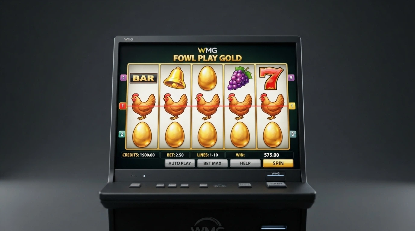 I rulli della slot Fowl Play Gold di WMG con la gallina simbolo scatter e i simboli classici allineati su una linea di vincita